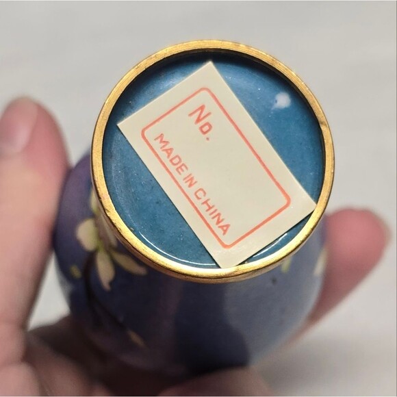 Cloisonne Cherry Blossom Flowers With Bird Blue Vintage Chinese Mini Vase - Picture 7 of 10